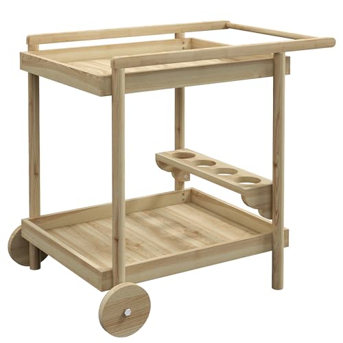 Outsunny Camarera con Ruedas de Madera Carro de Servicio con 2 Estantes 4 Portavasos y Mango para Jardín Terraza Patio...