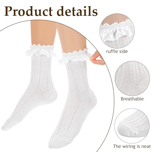 2 Pairs Womens Lace Ruffle Frilly Crew Socks Satin Ruffle Ankle Sock for Women Girls Casual Soft Comfortable Frilly Sock Lolita Princess Accessory (Black + White)3