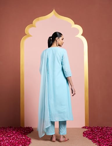 Image of Amazon Brand - Myx Women's Pure Cotton A-Line 3 piece Schiffli Suit Set (Available in Plus Sizes)