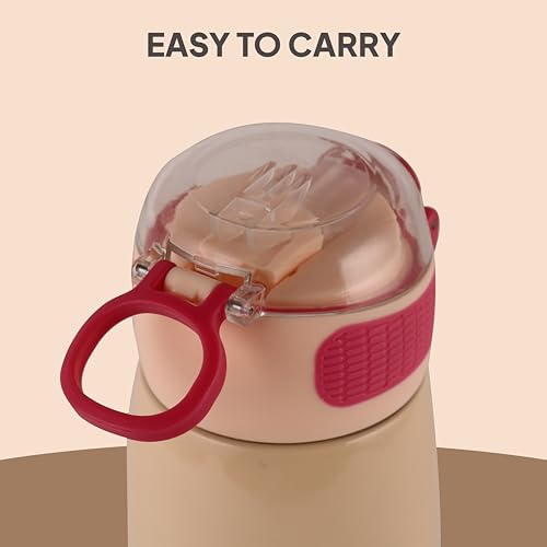 Image of Cello Kidzbee Flare 450 Insulated Stainless Steel Sipper Water Bottle 444 ml, Peach | Winnie Family Cartoon Design Hot & Cold Bottle | Vacuum Insulated Leakproof Easy to Carry Bottle for Kids