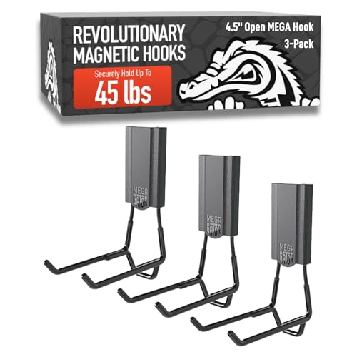 GATOR MAGNETICS MEGA 4.5 in Open Hooks 45 lb Heavy Duty Magnetic Hooks for Steel Surfaces Patented Easy-Release Non-Slip Grip Storage & Organization Garage Home Tools & Gear Storage 3 Pack