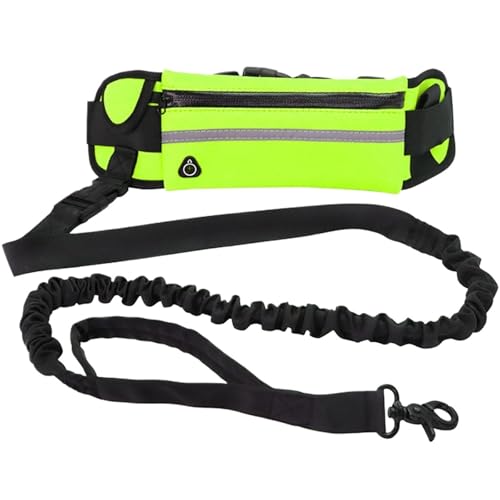 ハンズフリー犬用リーシュ 反射 ウエストバッグ付き 牽引ロープ 伸縮性ベルト ランニング ウォーキング ペット用品(Green)