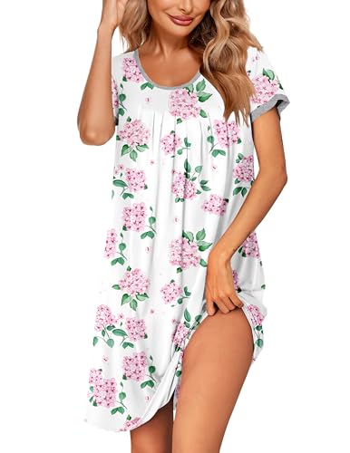 Image of Ekouaer Women's Nightgown Short Sleeve Sleepwear Comfy Sleepshirts Pleated Scoopneck Nightshirt S-XXXL