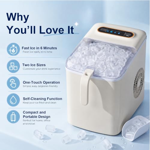 QIYO Ice Maker Countertop with Handle, 9 Cubes Ready in 6 Mins, 33 lbs/Day, 2 Sizes of Bullet Ice, 1.94L Water Tank, 42 dB Quiet, Self-Cleaning, Basket & Scoop for Home Kitchen Office by QIYO - Used condition - Image 3