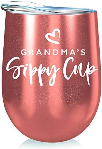 Grandma Gift Insulated Wine Tumbler - 12oz with Steel Straw, BPA Free Lid, Straw Cleaning Brush - Stainless Steel Wine Tumbler - Grandma's Sippy Cup
