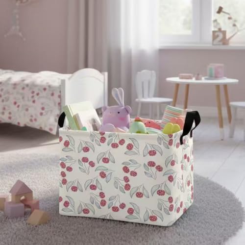 Image of Large Baby Cherry Basket Collapsible Kids Toy Storage Bin Gift Box Nursery Room Decor (Blue Leaf Circle Dot Cherry)