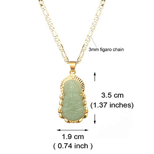 kelistom 18K Gold Plated Green GUANYIN Buddha Pendant Necklace for Women Men Buddhist Ornament Maitreya Buddha Amulet Hinduism 3MM Flat Figaro Necklace Chain2