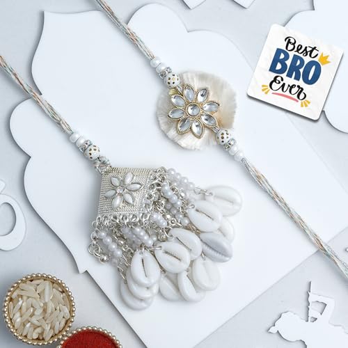 Image of eCraftIndia White Silver Pearl Shankh Kundan Designer Bhaiya Bhabhi Rakhis with Best Bro Ever Fridge Magnet | Set of 2 Rakhi for Brother and Bhabhi | Lumba Rakhi | Roli Chawal Pack