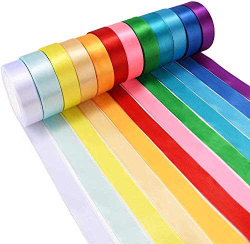 Lot de 12 rouleaux de ruban de satin de couleur 25 mm x 23 mètres/rouleau de ruban double face en satin de soie, ruban en tissu pour emballage cadeau