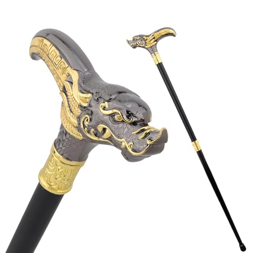 Bastón de Lujo con Forma de Pez Dragón para Hombre y Mujer, Cetro Antideslizante Extraíble, para Cosplay Fiestas Vintage 93 Cm(Black)