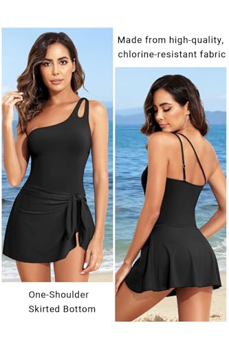 Image of Daci One Piece Swimsuit with Skirt Tummy Control One Shoulder Swim Dress | Skirted Bottom,Adjustable Shoulder Straps