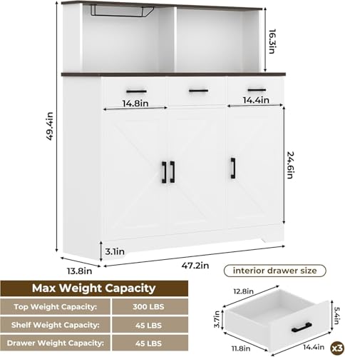 GarveeHome Farmhouse Sideboard Buffet Cabinet with Microwave Stand, Barn Doors Buffet Storage Cabinet with Drawers and Shelves, Wood Coffee Bar Pantry for Kitchen, Dining Room, Living Room, White
