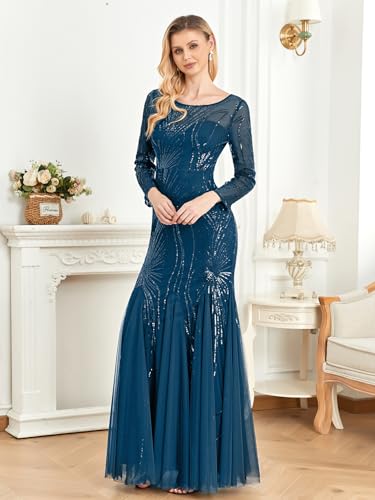 Image of Long Sleeve Sequin Evening Dress Glitter Mermaid Long Gown for Mother of The Bride Or Wedding Guest