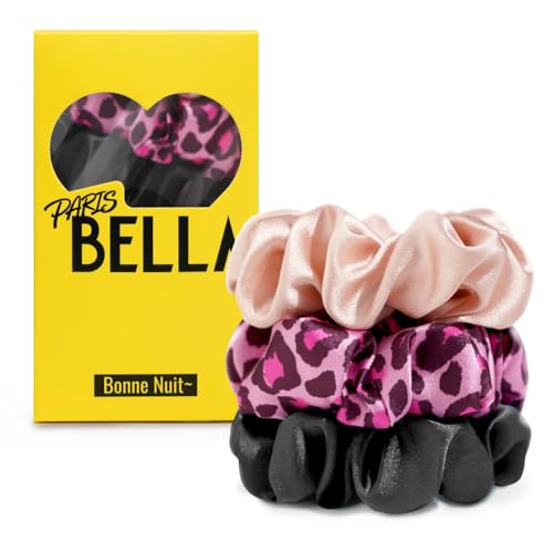PARISBELLA Silky Satin Scrunchies For Women, Satin Hair Ties for Thick and Thin Hair, Black Pink and Leopard, Pack of 3