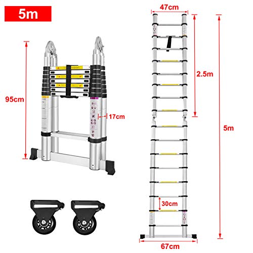 SAILUN® - Scala telescopica pieghevole a libretto design in alluminio di alta qualità scala multiuso 16 pioli – 90cm fino a 5m Portata 150 kg