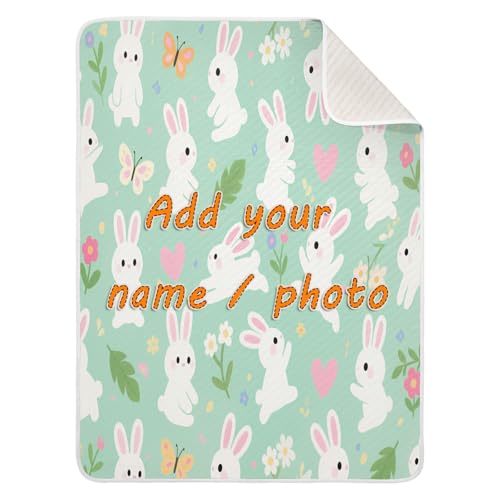 Custom Cute Bunny Rabbit Butterfly Flower Light Green Baby Girl Blankets Set Cozy Customize Image Baby Blanket with Name for Girls or Boys 30x40in cobijas para personalizadas