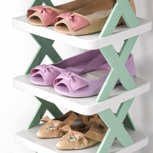 Image of STELITE 5-Layer Plastic Shoe Rack for Home | Stackable & Adjustable Shoe Organizer | Space-Saving Foldable Stand with Shoe & Book Storage Shelves | Green, Medium