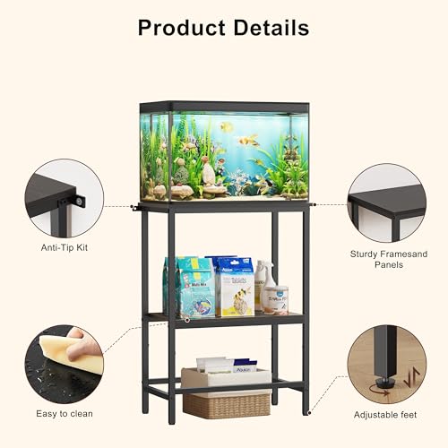 Image of 5-10 Gallon Fish Tank Stand, Aquarium Stand with 2-Tier Storage Shelves, Heavy-Duty Reptile Terrarium Stand Table with One-Piece Top for 10 Gallon Standard Model, 21.2 inch L x 11.8 inch W x 29.3 inch H (Black)