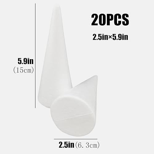 Miniatura 2 de FFchuanhe Paquete de 20 conos de espuma para manualidades (2.5 x 5.9 pulgadas), espuma en forma de cono de poliestireno blanco, conos de árbol de