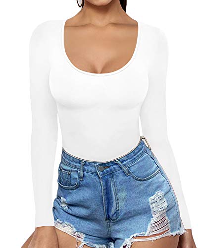 MANGOPOP Womens Scoop Neck Short Sleeve Long Sleeve Slim Fit T Shirt Tunic Tops Tee (B Long Sleeve White, Large)