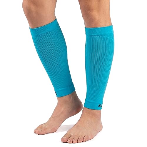 Image of KUE Compression calf sleeves for men and women | Running, Sports Activity | Improved Blood Circulation, Swelling, Calf Support in Muscle Fatigue & Recovery (Turquoise, L /XL)