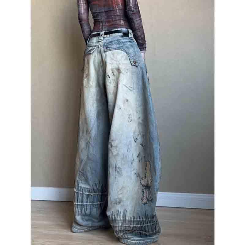 BXCNCKD Women's Retro Street Loose Slimming Wide Leg Pants Embroidered Pattern Jeans Curved Knife Pants4