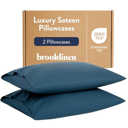 Brooklinen Luxury Sateen Pillowcases - Set of 2, 100% Long Staple Cotton with Envelope Closure, Smooth Fabric, Soft & Durable, Machine Washable - Standard Size (Abyss)