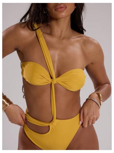 WDIRARA Women's One Piece Cheeky Cut Out Swimsuit Twist Front Asymmetrical Neck Swimwear Monokini4
