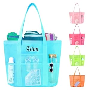 Ulico Personalized Pink Beach Bag Embroidered Name，Custom Large Mesh Tote Bag for Women, Foldable Shoulder Bags for Swimming Pools Travel Essential Sandproof(Blue)