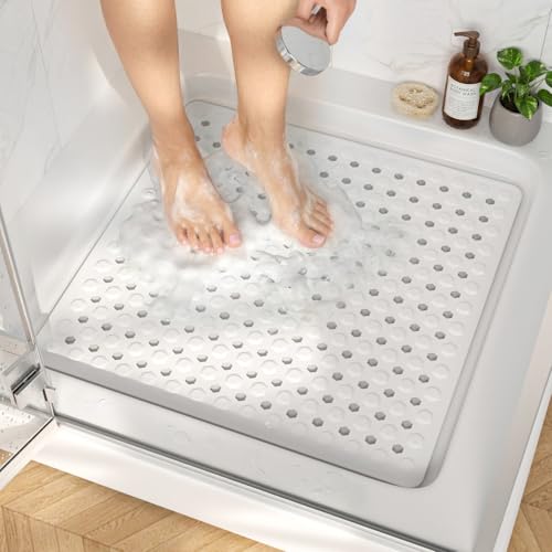 Image of HITSLAM Shower Mat Anti Slip, Square Bath Mat for Tub Non Slip with Suction Cups and Drain Holes, 21x21 Inch Bathroom Shower Stall Floor Mat, Machine Washable, Soft on Feet, White