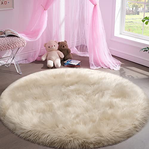 Image of Tangsoo Round Faux Fur Rugs,Sheepskin Round Rugs 3ft,Soft Beige Circle Rug