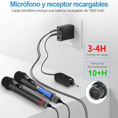 Aveek Microfono Inalambrico Profesional, 2.4GHz Dual Microfonos Inalambricos Set con Receptor, Microfono Inalambrico Karaoke Profesional, Microfono Karaoke Recargable 100ft para Cantar, Karaoke, DJ - imagen 2