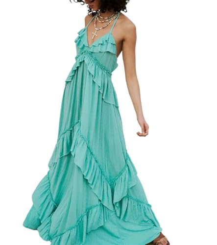 Women V Neck Backless Asymmetrical Ruffle Cutout Tiered Maxi Dress E L