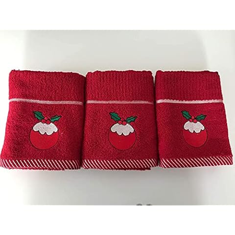 Christmas Pudding 100% Cotton Three Pack Kitchen Tea Towels in Red for The Festive Season Cover