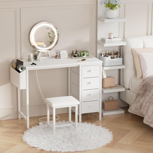 White Vanity Desk with Mirror & Light - Girls Bedroom Set with Storage & Power Outlet
