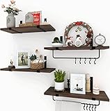Rustic Floating Shelves, Set of 4, Wooden Wall Shelves with Bars, Storage Shelves for Bathroom,...