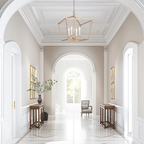 Image of KSANA Gold Chandelier, 4-Light Modern Linear Chandeliers, Pendant Cage Lantern Hanging Light Fixtures for Dining Rooms, Foyer, Living Room, Bedroom and Kitchen Island