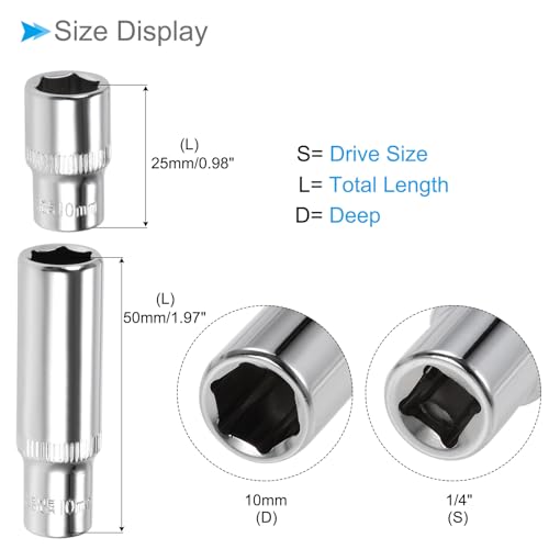 Image of 6-Point Socket, 1 /4 inch Drive 10mm Deep, Polished Chromed CR-V Metric Deep and Shallow Impact Socket - (Applications: for Ratchet Torque Electric Wrenches Car Repair), 2-Pieces