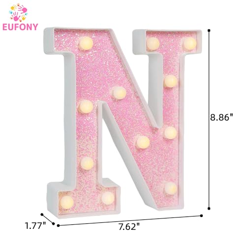 Image of Pink Glitter Marquee Light Up Letters, Battery Operated LED Letter Lights Signs for Pink Birthday Party Table Decorations, Wall Decor for Girls Bedroom, Initial Letter N with Warm White Lights