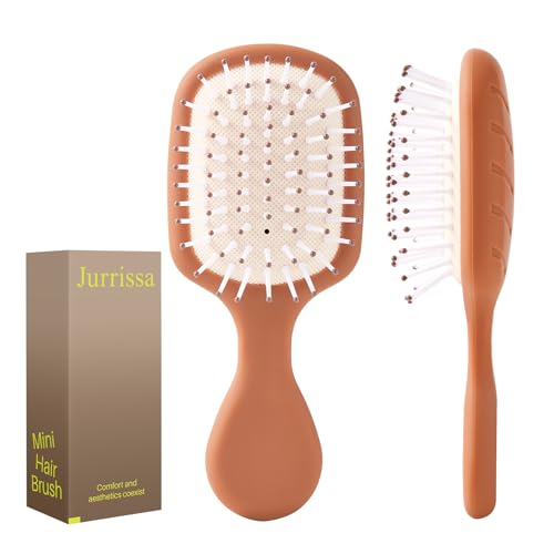 Jurrissa Mini Hair Bursh for Women Men and Kids, Protable Travel Size Hair Brush for Pockets Purses, Mini Detangler Brush for All Hair Types, Small Paddle Brush for Detangling (Brown)