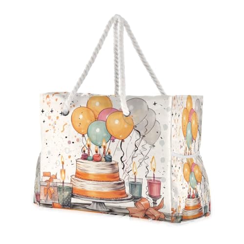 Happy Birthday Pattern Beach Bag & Travel Tote Bag Large Sandproof with Zipper Closure, Wet Pouch for Swim Gym Travel