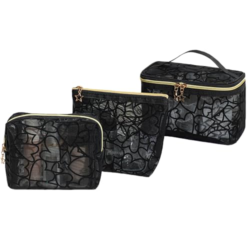 Image of 3-Piece Mesh Makeup Bag Set Flocking Heart Printed, Portable Travel Mesh Cosmetic Bags Toiletry Bags Makeup Purse Bags Five-pointed star zipper pull Storage Pouches, for Home Travel