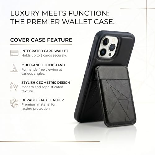 Image of amazon basics Premium Vegan Leather Back Cover with Card Holder and Integrated Mobile Stand for iPhone 16 Pro Max - Slim Shockproof Wallet Case with Geometric Stitching [Black]