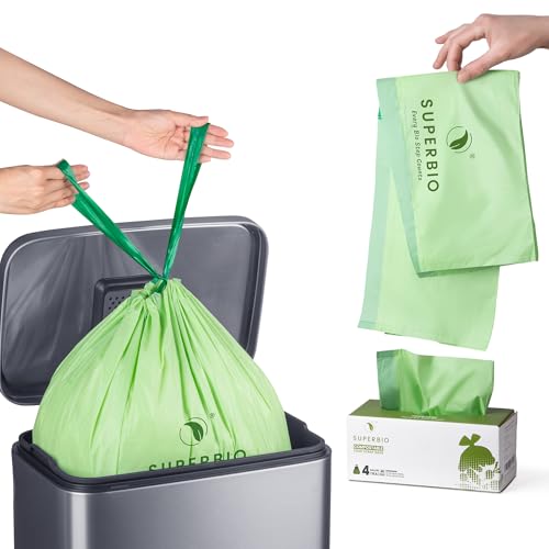 SUPERBIO 4 Gallon Compostable Drawstring Food Scrap Bags 15.1 Liter 40 Count 0.9 Mil Heavy Duty Waste Bags BPI Seedling and OK compost INDUSTRIAL