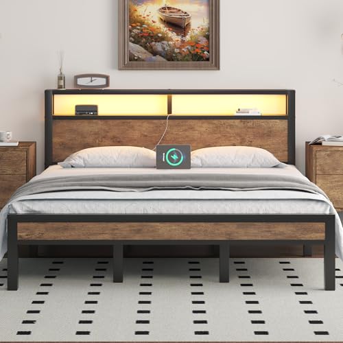 Image of LOEWAY King Size Platform Bed with 2-Tier Storage Headboard, Metal Bed Frame with Charging Station & LED Light, Heavy Duty Metal Slats, No Box Spring Need, Noise Free, Rustic Brown