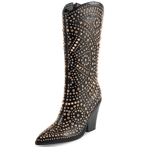 Image of iiimmu Womens Boots Pointed Toe and Chunky Heel Boots for Women Luxurious Studded Boots Tall Boots with Metallic Rivets, White /Black Size US 5-12