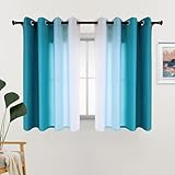 L.Z.E Farbverlauf Vorhänge Kurz Türkis Weiß Fenster Gardine Sichtschutz Lichtdurchlässig für Schlafzimmer Wohnzimmer Fenster 2er Set Privatsphäre Ösen Gardinen in Petrol Weiss 140 x 145 cm Lang Dünn