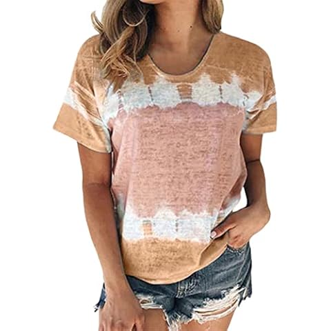 FAQIAN Shirts for Women Summer Short Sleeve V Neck Tie Dye Loose Fit T-Shirt Tops Blouses Womens Casual Fashion Oversized Color Block Cotton Linen Elegant Comfy Tunic Crop Tops Blouse Tshirts Khaki Cover