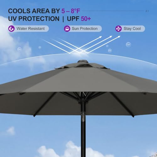 PURPLE LEAF 10' Round Patio Umbrella Outdoor Table Umbrella Aluminum Frame Market Umbrella with 8 Sturdy Ribs & Tilt for Garden Deck Lawn Pool Gray — view 3