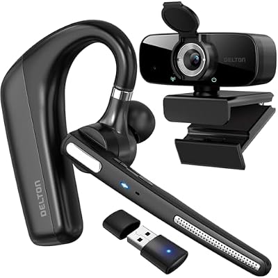Delton Wireless Headset with 1080p Webcam, Single-Ear Bluetooth Computer Headset with Charging Case, Noise Canceling Mic, USB Dongle for PC/Laptop/Smartphone, Compatible with All Meeting Apps - Black